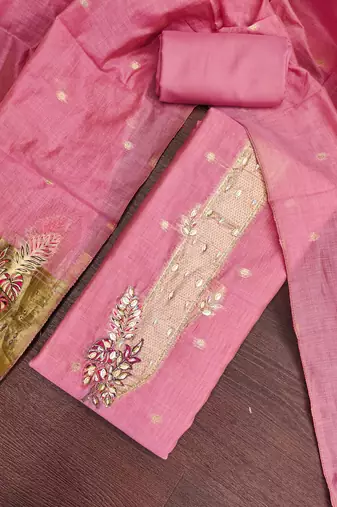 baby pink unstitched weaving handwork with woven dupatta dress material