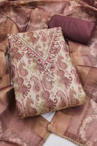 multi unstitched shimmer print handwork with printed dupatta linen dress material