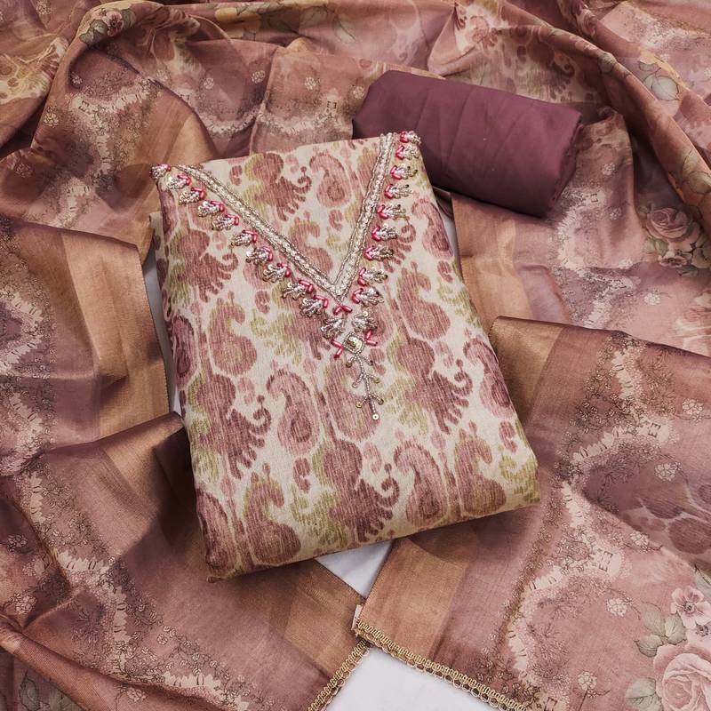 multi unstitched shimmer print handwork with printed dupatta linen dress material