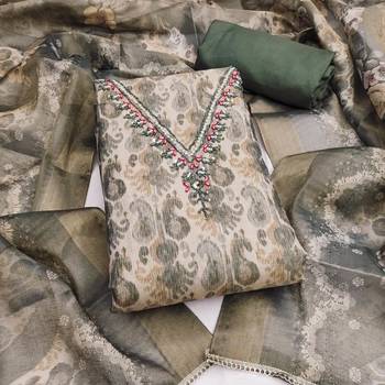 multi unstitched shimmer print handwork with printed dupatta linen dress material 1