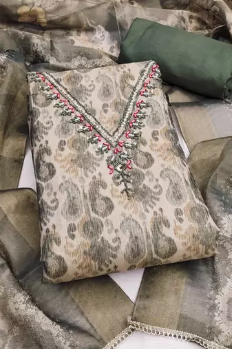 multi unstitched shimmer print handwork with printed dupatta linen dress material