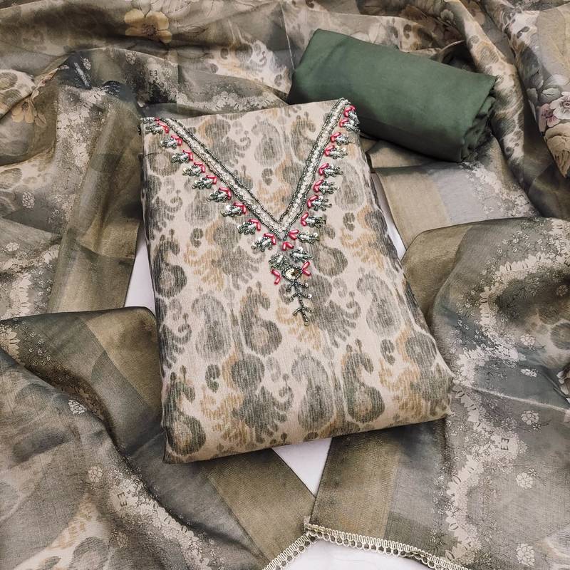 multi unstitched shimmer print handwork with printed dupatta linen dress material