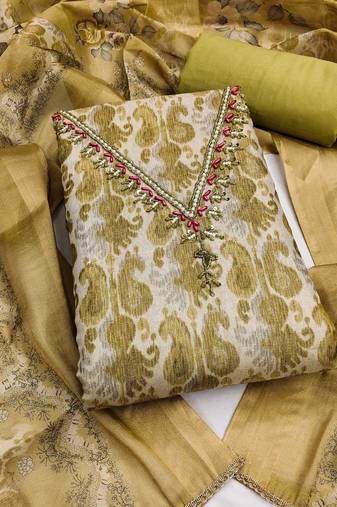 multi unstitched shimmer print handwork with printed dupatta linen dress material