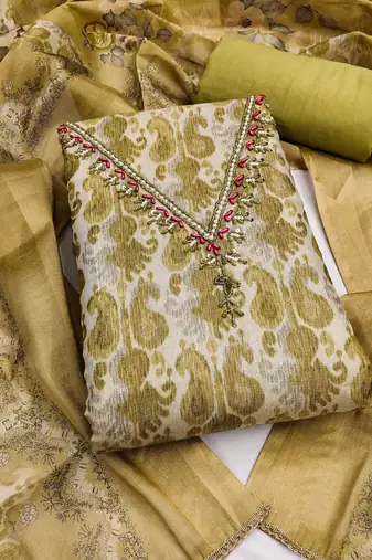 multi unstitched shimmer print handwork with printed dupatta linen dress material