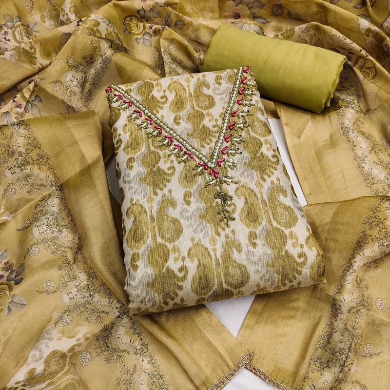 multi unstitched shimmer print handwork with printed dupatta linen dress material