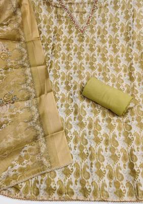 multi unstitched shimmer print handwork with printed dupatta linen dress material 2