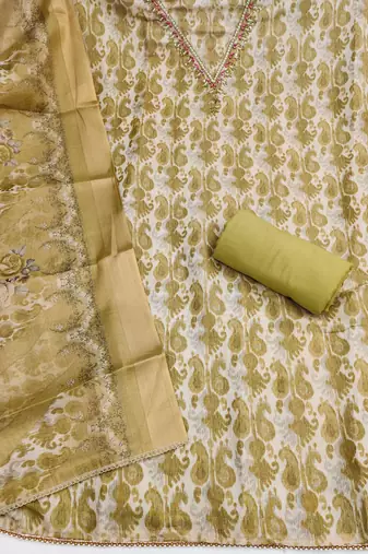 multi unstitched shimmer print handwork with printed dupatta linen dress material
