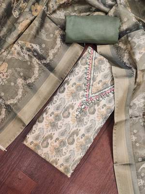 multi unstitched shimmer print handwork with printed dupatta linen dress material 4