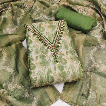 multi unstitched shimmer print handwork with printed dupatta linen dress material 1