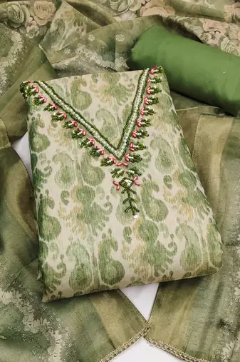 multi unstitched shimmer print handwork with printed dupatta linen dress material