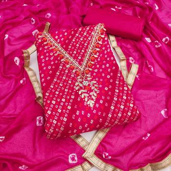 pink unstitched print handwork with bandhani printed dupatta jaam dress material 1