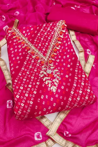 pink unstitched print handwork with bandhani printed dupatta jaam dress material