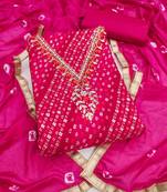 pink unstitched print handwork with bandhani printed dupatta jaam dress material