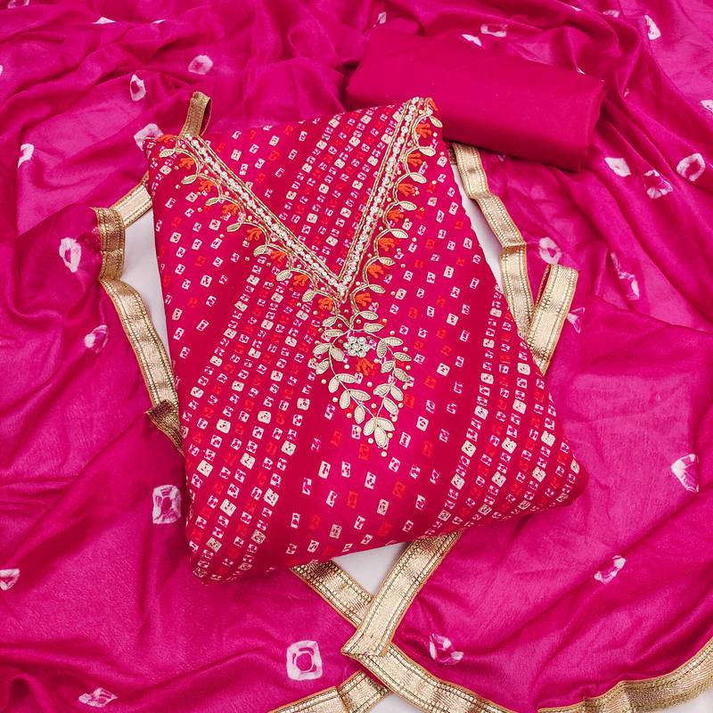 pink unstitched print handwork with bandhani printed dupatta jaam dress material