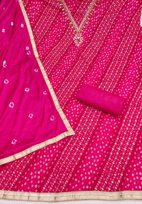 pink unstitched print handwork with bandhani printed dupatta jaam dress material 2