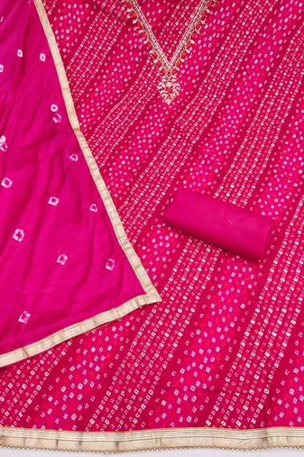 pink unstitched print handwork with bandhani printed dupatta jaam dress material