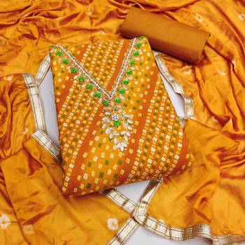 mustard unstitched print handwork with bandhani printed dupatta jaam dress material 1