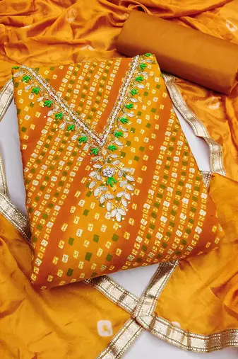 mustard unstitched print handwork with bandhani printed dupatta jaam dress material