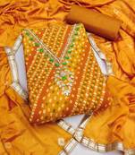mustard unstitched print handwork with bandhani printed dupatta jaam dress material