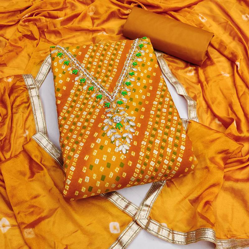 mustard unstitched print handwork with bandhani printed dupatta jaam dress material