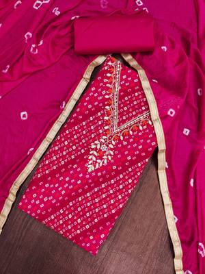 pink unstitched print handwork with bandhani printed dupatta jaam dress material 4
