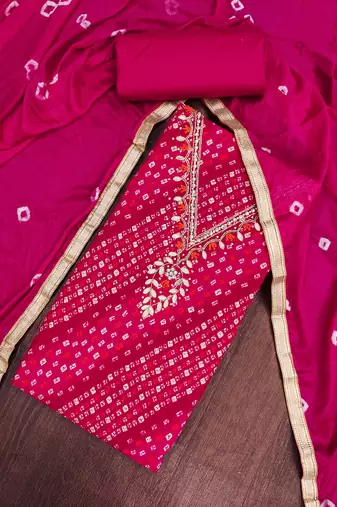 pink unstitched print handwork with bandhani printed dupatta jaam dress material