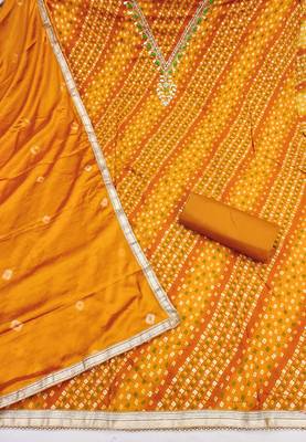mustard unstitched print handwork with bandhani printed dupatta jaam dress material 2