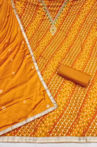 mustard unstitched print handwork with bandhani printed dupatta jaam dress material