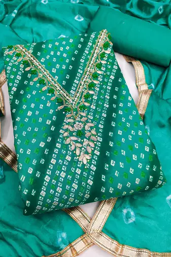 sea green unstitched print handwork with bandhani printed dupatta jaam dress material