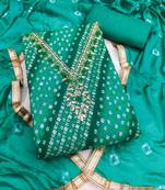 sea green unstitched print handwork with bandhani printed dupatta jaam dress material