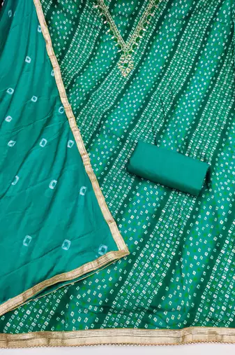 sea green unstitched print handwork with bandhani printed dupatta jaam dress material