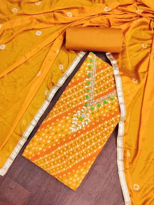 mustard unstitched print handwork with bandhani printed dupatta jaam dress material 4