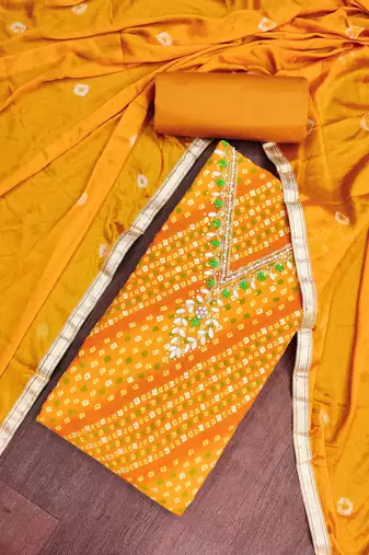 mustard unstitched print handwork with bandhani printed dupatta jaam dress material