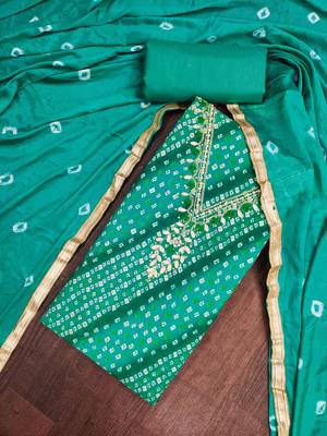 sea green unstitched print handwork with bandhani printed dupatta jaam dress material 4