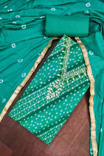 sea green unstitched print handwork with bandhani printed dupatta jaam dress material