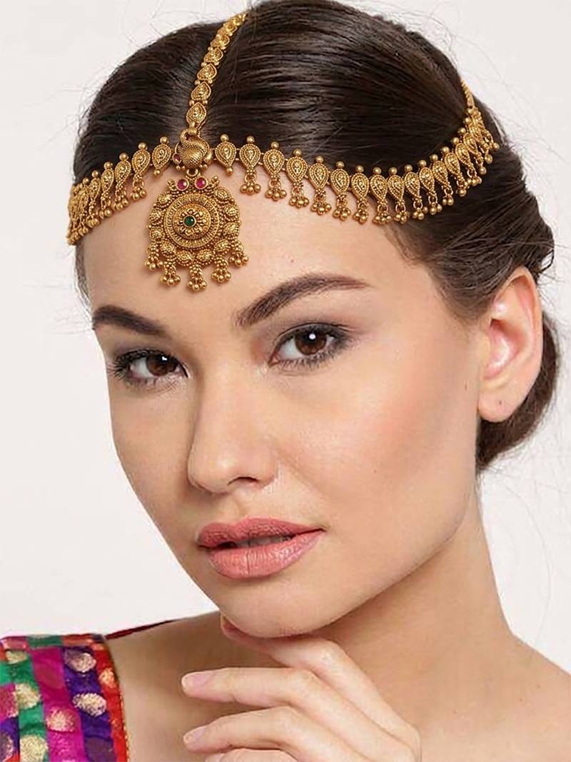 Women gold plated stone studded head jewellery