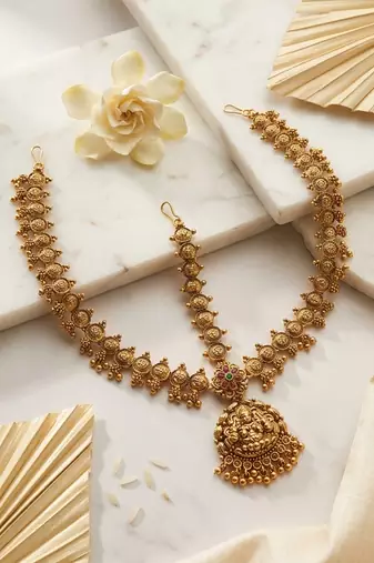 Women temple gold plated stone studded head jewellery