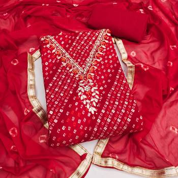 red unstitched print handwork with bandhani printed dupatta jaam dress material 1
