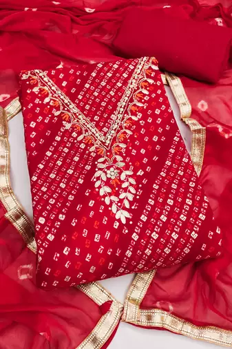 red unstitched print handwork with bandhani printed dupatta jaam dress material