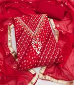 red unstitched print handwork with bandhani printed dupatta jaam dress material