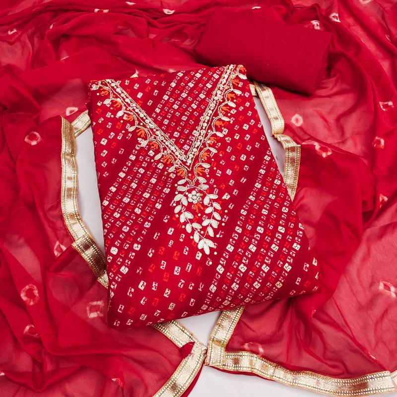 red unstitched print handwork with bandhani printed dupatta jaam dress material