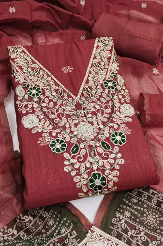 maroon unstitched weaving handwork with woven dupatta dress material