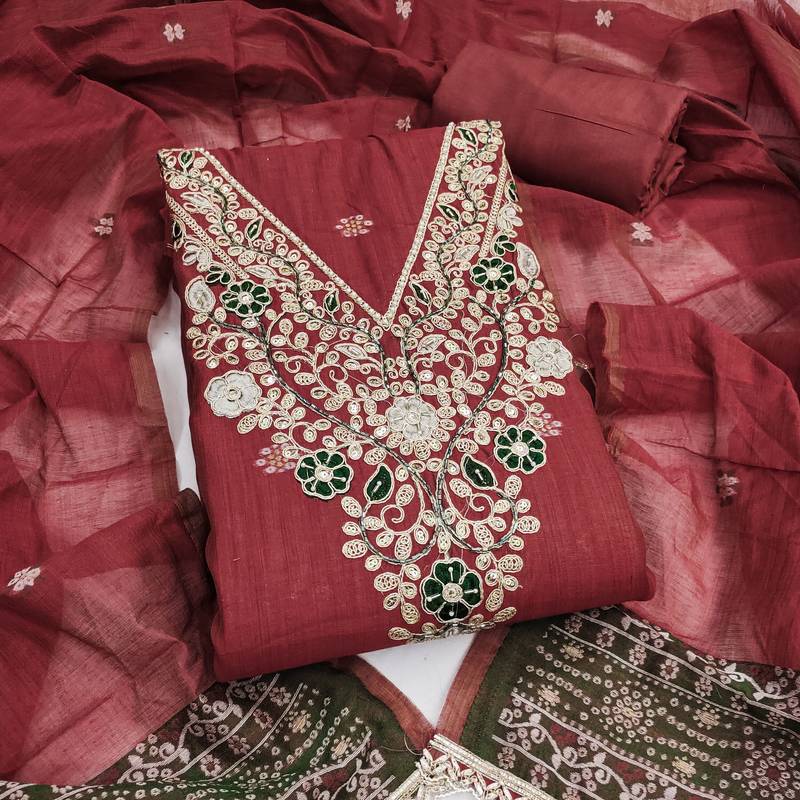 maroon unstitched weaving handwork with woven dupatta dress material