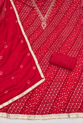 red unstitched print handwork with bandhani printed dupatta jaam dress material 2