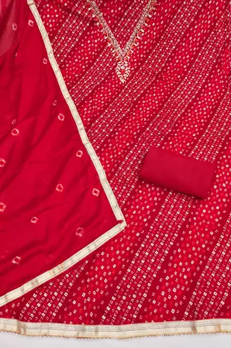 red unstitched print handwork with bandhani printed dupatta jaam dress material