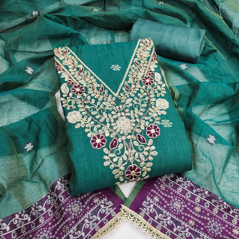 sea green unstitched weaving handwork with woven dupatta dress material