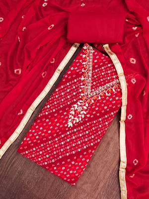 red unstitched print handwork with bandhani printed dupatta jaam dress material 4