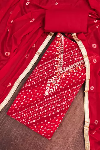 red unstitched print handwork with bandhani printed dupatta jaam dress material