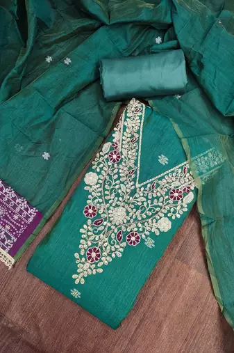 sea green unstitched weaving handwork with woven dupatta dress material