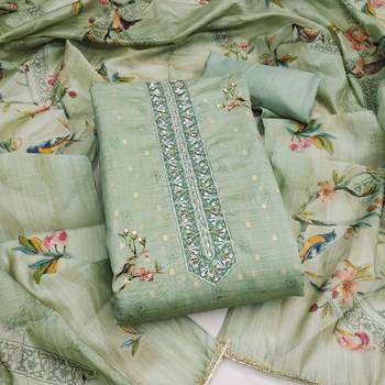 light green unstitched digital print handwork with printed dupatta butti dress material 1